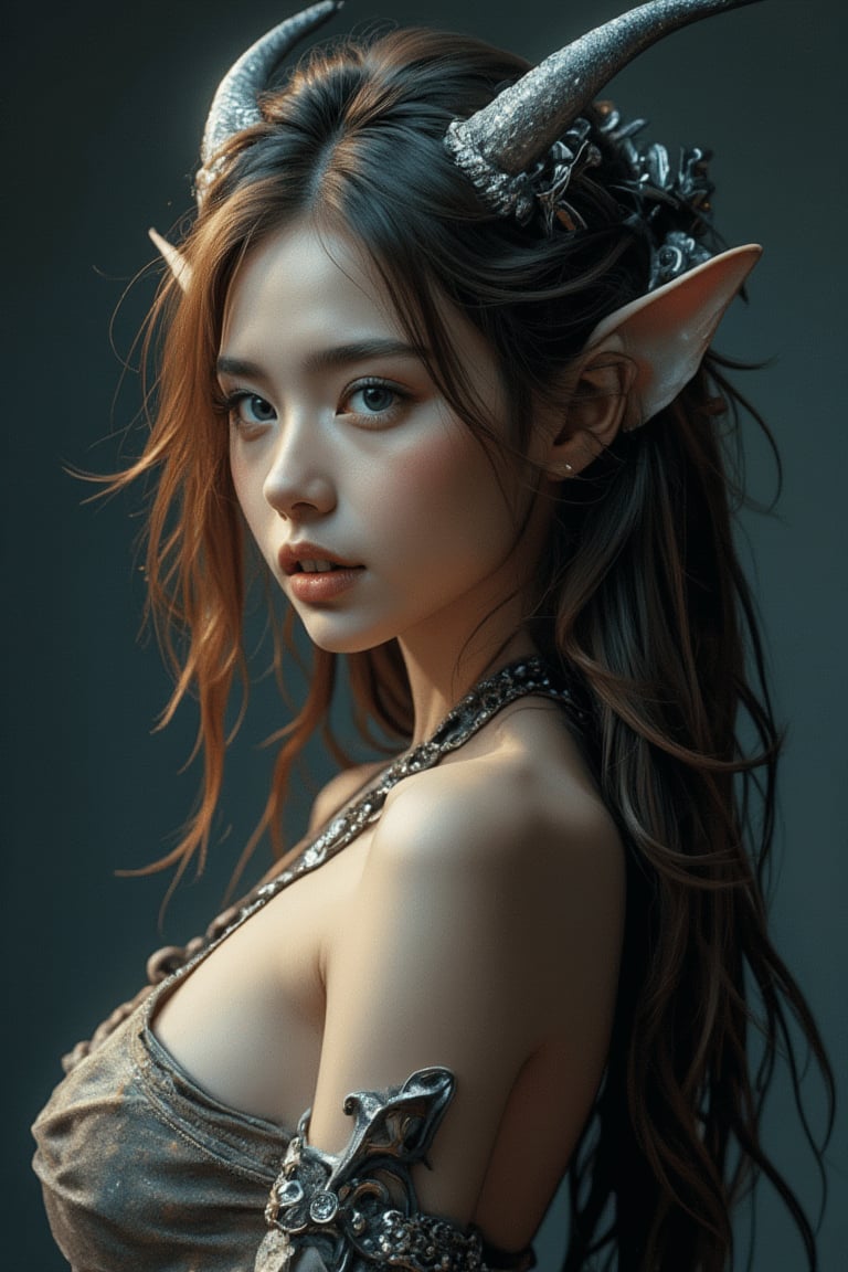 A beautiful ethereal creature with two long silver horns, adorned with bracelets and armbands, showcasing detailed facial features, sharp eyes, long and thick eyelashes, plump lips, and sharp teeth. Wearing complex clothing, she embodies a fantasy creature, captured in a full-body shot with cinematic lighting, highly detailed, 128k photorealism, dramatic color, and a moody atmosphere. The digital art showcases her mystical presence.