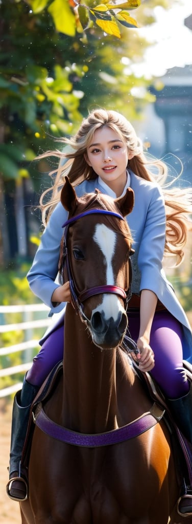 A young beautiful woman with silky blond hair (purple eyes) with bright long and thick eyelashes, looking at the camera, posing, ulzzang, streaming on twitch, character album cover, black moment, bokeh style, girl galloping on horseback, The woman was sitting on the horse wearing riding trousers and long riding boots, her hair flying in the wind. Because of the increased speed, the beauty laughed heartily.
The beautiful woman rides a horse and runs,
Showing the power of light and shadow, reality, idols, beauties, beauties, holding the reins of horses, photography (portraits).