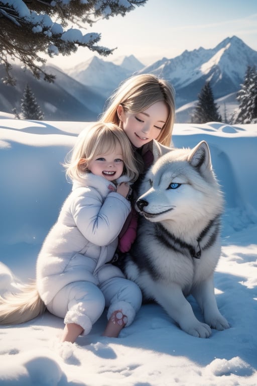 A little girl with blond hair and very fair skin. She is only 4 years old, but she grew up with a snow wolf with white fur and blue eyes. The snow wolf loves the little girl very much. He can put her to sleep and carry her on the grassland. The little girl always smiles happily. The little girl is extremely beautiful, with blue eyes, very lively, and long and thick eyelashes. To make her even more beautiful, she would often roll around on the grass with the snow wolf. The little girl wears all kinds of cute clothes. Outdoors, sunshine, mountains, trees, flowers, birds, butterflies. light and shadow. 