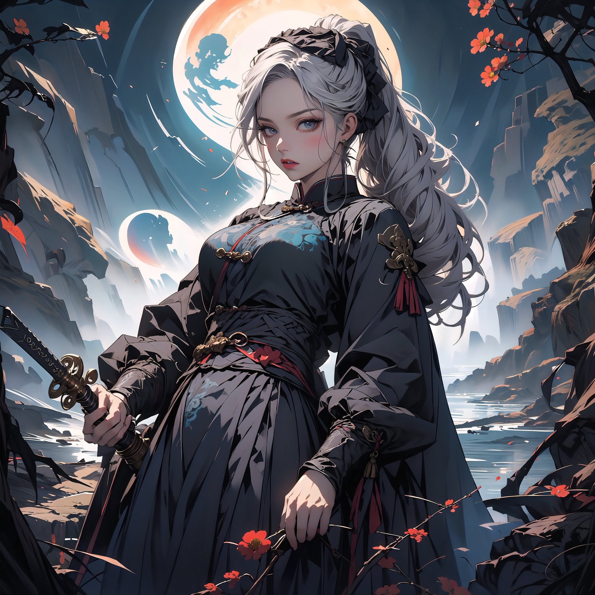 (super perfect quality masterpiece and detailed details), beautiful black plot, complex, extremely high clear resolution, complex lines, (exquisite drawing), 1girl photo of beautiful ancient Chinese girl wearing black clothes holding a sword Long wavy silver hair, hair shining in the moonlight, long sword, weapon, black mask, duet, underwear, big blue eyes, long and thick eyelashes, Han Dynasty general style clothing, print, medium breasts, looking straight The audience's eyes showed a fierce and intense emotion. The audience felt the atmosphere strongly. Ponytails, hair accessories, flowers, and blood splashed into several fox lines, perfect killing skills, the enemy fell, and the throat was sealed with a knife, super delicate and clear, perfect illustration,
BREAK Beautiful lighting, beautiful glow, Vadim Kass’ artistic style plus Jae Hyun Art. light and shadow.