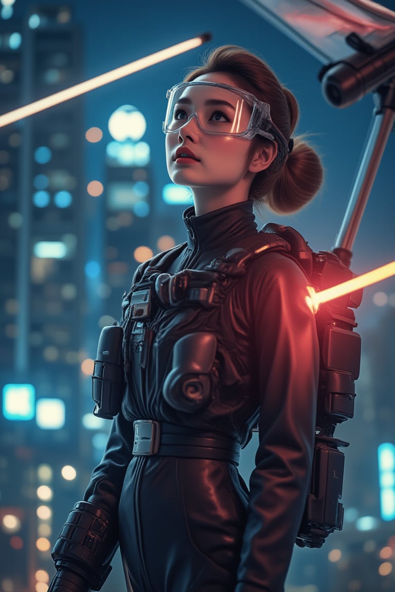 A super cute female special agent, fully armed with guns, knives, and laser guns, flies through the night sky on an artificial machine hang glider. She wears a transparent high-tech eye mask analyzer, capturing her handsome and cute appearance. This masterpiece, captured by advanced photography technology, showcases her perfect display and super high quality, as she looks up at a mid-waist angle while completing her mission. Official art.