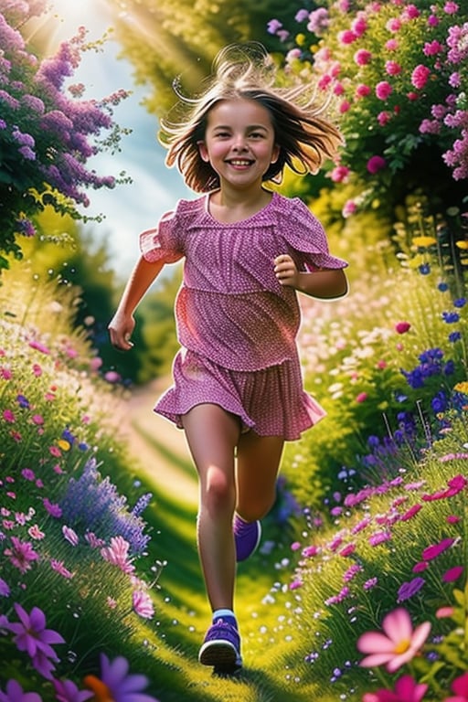 A joyful little girl, mid-run, her face radiant with happiness, surrounded by a vibrant field of blooming flowers. The sunlight filters through the petals, casting a warm glow on her animated expression and the lush, colorful landscape. The composition captures her in a dynamic pose, with the flowers framing her joyfully, emphasizing her carefree spirit amidst nature's beauty.