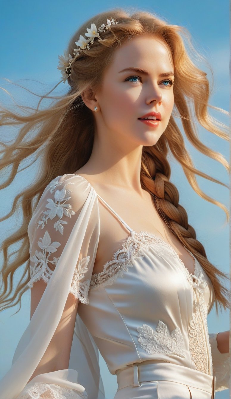 Close-up, young girl with light blue eyes, long thick eyelashes, she looks like 18-year-old Nicole Kidman, with messy hair, full body shot, wearing satin pants, standing, wearing beautiful white Dressed in mesh and lace, she danced to the music and looked very happy. There are also braids of lilies all over the sky, which are extremely beautiful. High quality. Modifiers: Alphonse Mucha, boris valejo dedecent illustration, Anne Boonchuy, art_booster, BlackworkStyleManityro, WOWAI, Expressiveh, Apoloniasxmasbox