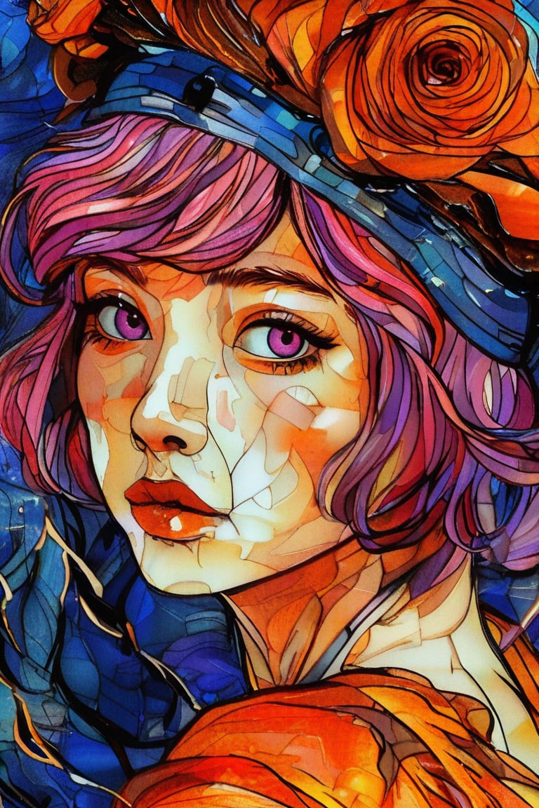 Close-up portrait of a beautiful 19-year-old Korean female supermodel woman with beautiful purple eyes, short pink hair and a pirate turban in the style of Vincent van Gogh in bright colors of deep orange, dark blue and Bold orange with swirling, textured brushstrokes. Artists: Vincent van Gogh, Henri de Toulouse-Lautrec, Paul Gauguin. Painted rose glass art.