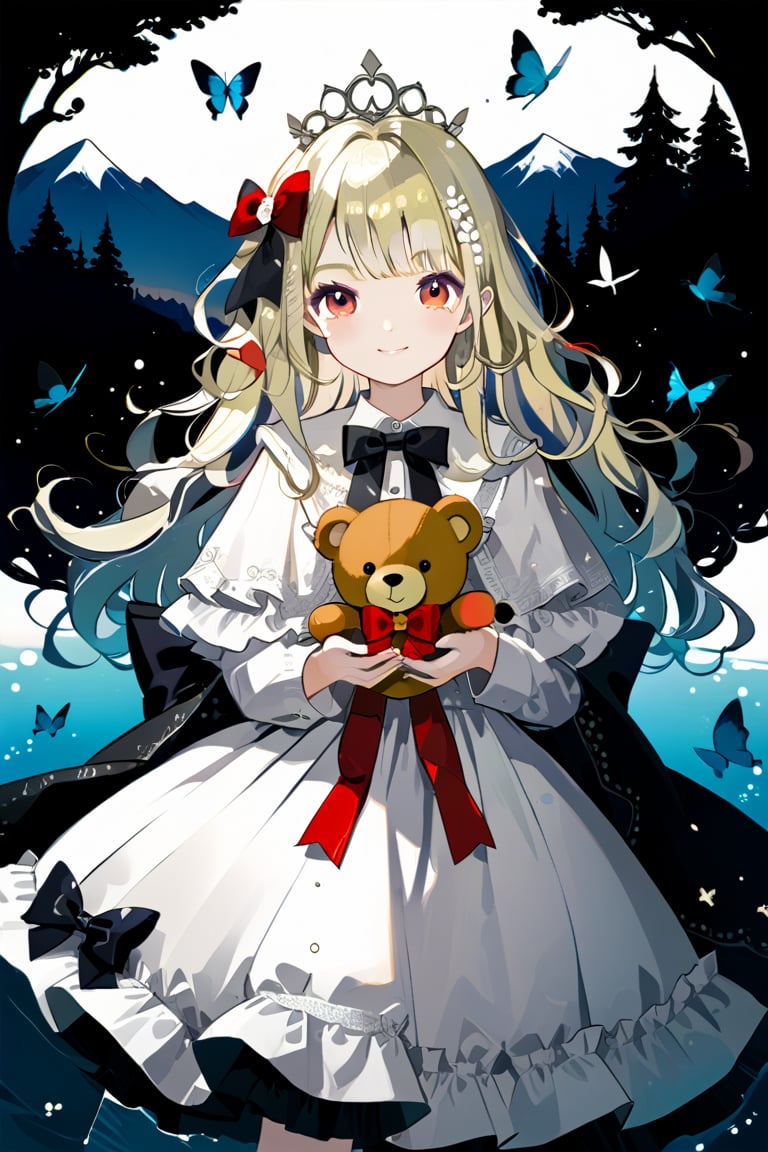 1girl, solo, long curly blond hair with silver highlights, looking at the viewer, blushing face, air bangs, hair accessory, big red eyes, long eyelashes, long sleeves, dress, bow, holding, smile, bow hair, ruffles , bow tie, luxury lace princess dress, fur trim, black bow, capelet, watermark, stuffed toy, lace dress, stuffed animal, crown, box, gift, lolita fashion, teddy bear, orange bow, mini crown , holding a stuffed toy, toned, background: mountains, trees, water, flowers, butterflies, dragonflies, birds. light and shadow. Anime style.