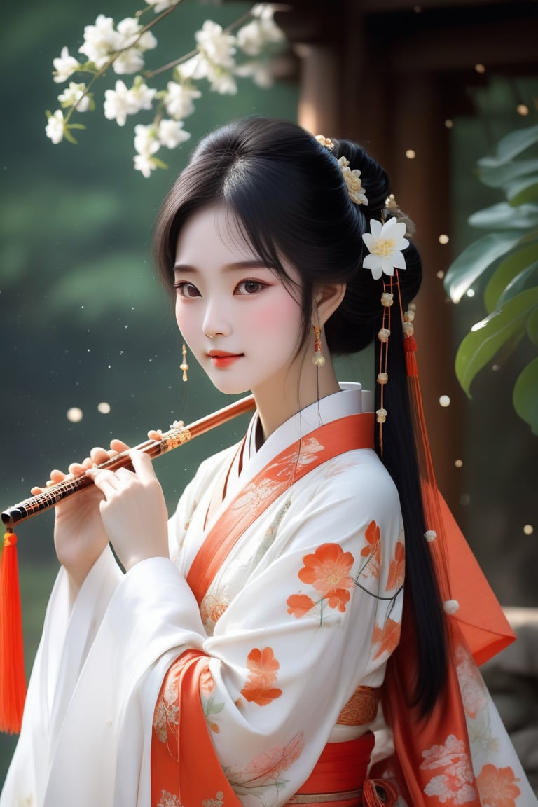 Close-up of a stunningly beautiful girl, Chinese Han Dynasty girl, with big eyes and long eyelashes that make her eyes more lively and beautiful, wearing Han Dynasty clothes and hairstyle, with stunning black hair and long Thick eyelashes, holding a delicate bouquet of jasmine flowers on her fingers. When she looked directly at the audience, she smiled. Her whole body exuded an otherworldly light, and every contour and object on her body seemed to be illuminated by light and sparkle. She couldn't help but play the musical instrument ((flute)) on the spot, which was very elegant and soft. After dancing, she took the paper umbrella and prepared to go back. In the quiet atmosphere of the summer night, the trees were tall, the river flowed quietly, and nocturnal creatures used it. Serenading them with gentle chirps and croaks, our protagonist is like a beacon of loveliness. In Vadimka's new style, every detail has been carefully crafted to create a realistic style that exudes elegance and wonder. (Masterpiece 1.2, 8K) Depth of field.,source_furry,score_5_up,score_6_up,score_7_up,score_8_up,score_9,han fu