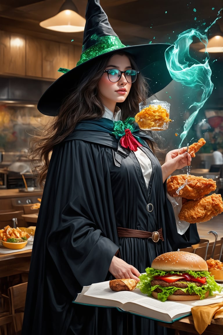 Beautiful witch\(wearing wizard robe with magic on it. Shining, beautiful facial features in golden ratio, wearing wizard hat and transparent glasses, looking sideways), releasing magical green glittering energy, (Salad , fried chicken, burger meat and soda with ice flying in the air and many fruits), background (fast food restaurant kitchen interior, fast food restaurant employees shocked), (Masterpiece, High Resolution, High Quality: 1.2), Ambient Occlusion, low saturation, high detail, detailed face, (shot from a distance), intricate detail, dreamlike, concept art, illustration, highly detailed, splash art, art book, beautiful image, fantasy, reality