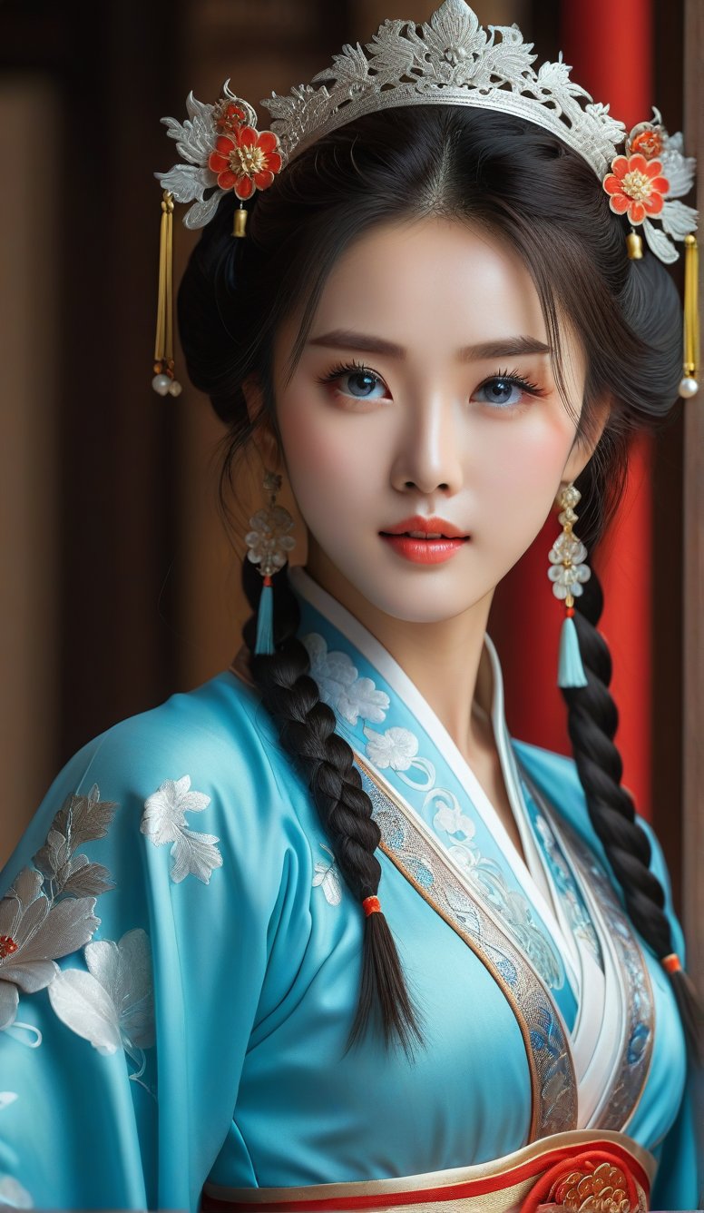 Close-up, young girl, light blue eyes, long thick eyelashes, she looks like an 18-year-old Chinese star: (Dilraba), with messy hair, full body shot, wearing Chinese TV series: (( Chinese costume The costume in the drama: Three Lives, Three Worlds, The Pillow Book))). She danced easily in her costume, her movements were very graceful, and it was a masterpiece. Modifiers: Alphonse Mucha, boris valejo dedecent illustration, Anne Boonchuy, art_booster, BlackworkStyleManityro, WOWAI, Expressiveh, Apoloniasxmasbox