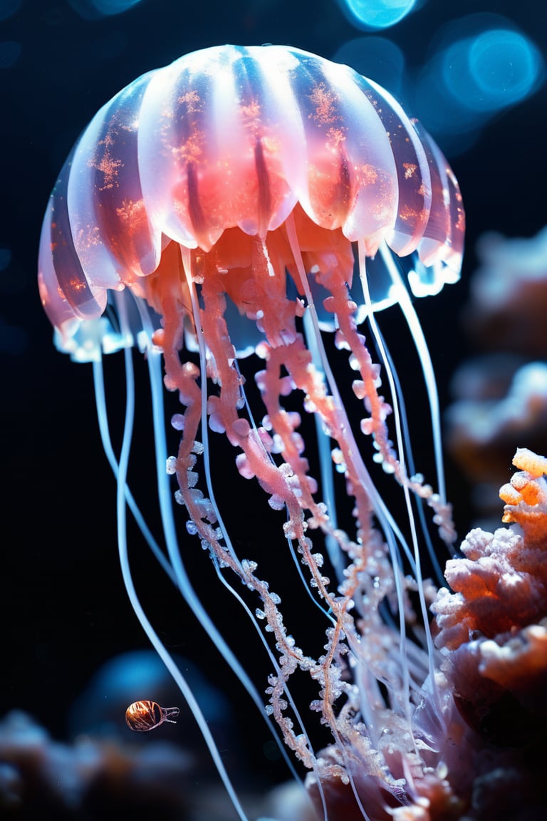 photo RAW, (Black and pink : a ghostly jellyfish, shiny aura, highly detailed, gold filigree, intricate motifs, glowing stardust, perfect composition, smooth, sharp focus, sparkling particles, lively coral reef background Realistic, realism, hd, 35mm photograph, 8k), masterpiece, award winning photography, natural light, perfect composition, high detail, hyper realistic,vivid color