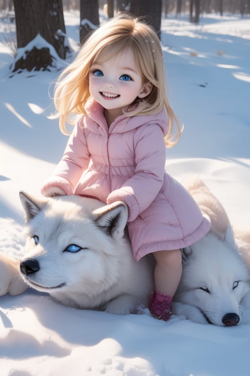 A little girl with blond hair and very fair skin. She is only 4 years old, but she grew up with a snow wolf with white fur and blue eyes. The snow wolf loves the little girl very much. He can put her to sleep and carry her on the grassland. The little girl always smiles happily. The little girl is extremely beautiful, with blue eyes, very lively, and long and thick eyelashes. To make her even more beautiful, she would often roll around on the grass with the snow wolf. The little girl wears all kinds of cute clothes. Outdoors, sunshine, mountains, trees, flowers, birds, butterflies. light and shadow. 