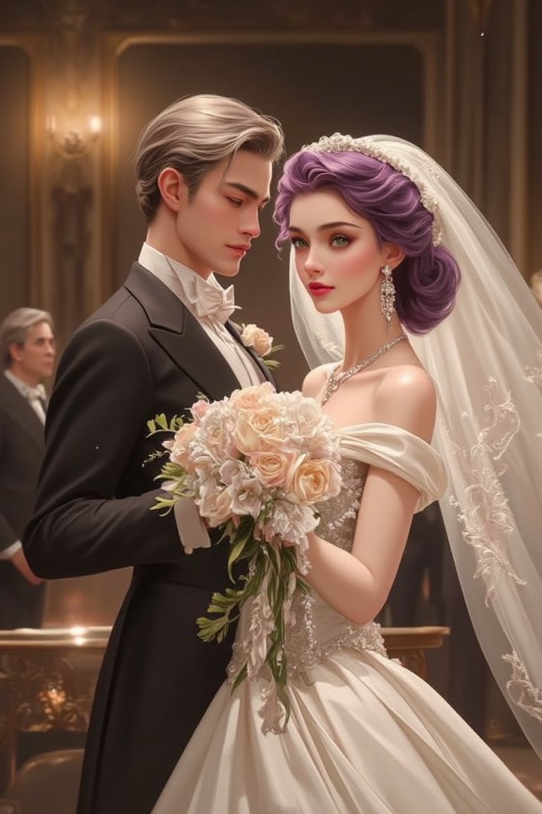 Neoclassical anime-style artwork depicting an emotional French aristocratic wedding scene. A boy and girl, looking at each other, dance the tango gracefully. The girl wears a bridal veil, a beautiful white one-piece wedding dress, exquisite makeup, jewelry, necklaces, earrings, and a bridal bouquet. She has purple-black silky curly hair, bright green eyes, long eyelashes, and a confident smile. The boy is wearing a tuxedo and bow tie, with silver-grey hair, bright blue eyes, and a nervous expression. The image focuses on their entire bodies, showing off the height difference, wavelengths of light, and the blurry tango hall background enhanced by 128k resolution and detailed imagery. Happy wedding.