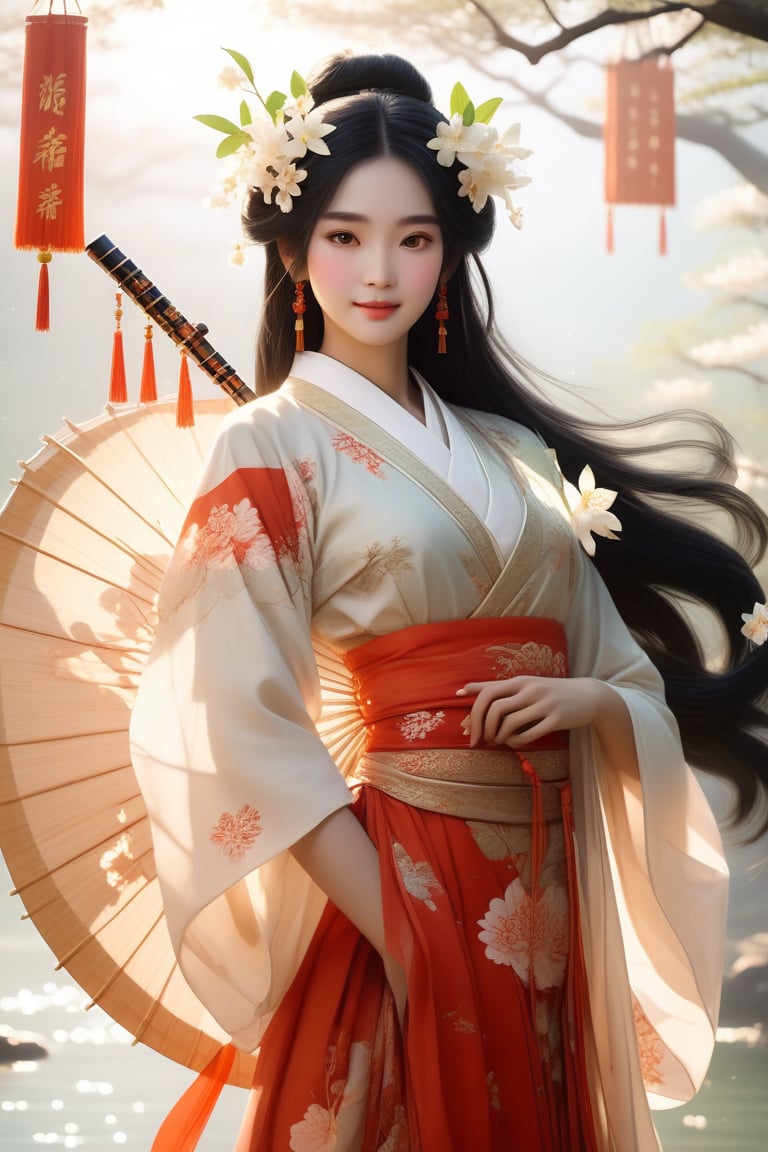 Close-up of a stunningly beautiful girl, Chinese Han Dynasty girl, with big eyes and long eyelashes that make her eyes more lively and beautiful, wearing Han Dynasty clothes and hairstyle, with stunning black hair and long Thick eyelashes, holding a delicate bouquet of jasmine flowers on her fingers. When she looked directly at the audience, she smiled. Her whole body exuded an otherworldly light, and every contour and object on her body seemed to be illuminated by light and sparkle. She couldn't help but play the musical instrument ((flute)) on the spot, which was very elegant and soft. After dancing, she took the paper umbrella and prepared to go back. In the quiet atmosphere of the summer night, the trees were tall, the river flowed quietly, and nocturnal creatures used it. Serenading them with gentle chirps and croaks, our protagonist is like a beacon of loveliness. In Vadimka's new style, every detail has been carefully crafted to create a realistic style that exudes elegance and wonder. (Masterpiece 1.2, 8K) Depth of field.,source_furry,score_5_up,score_6_up,score_7_up,score_8_up,score_9,han fu