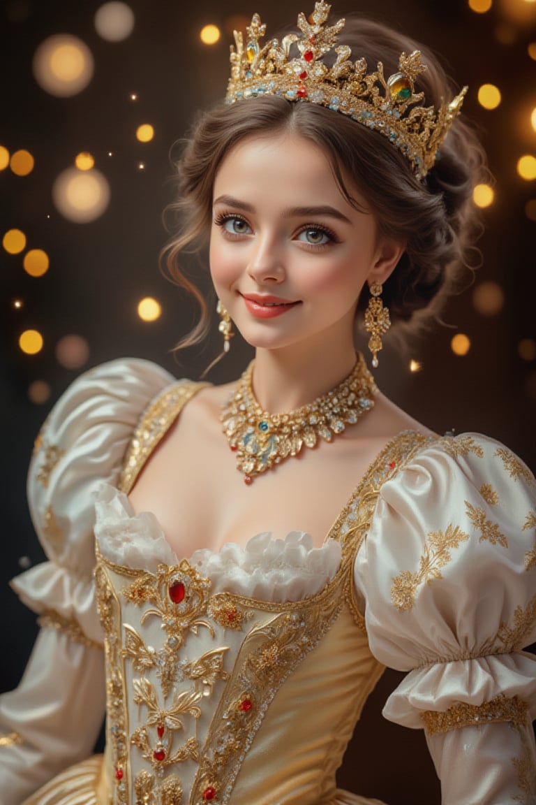 Close-up of a young girl with beautiful big eyes and long thick eyelashes, aged 20, resembling Queen Elizabeth I of England. She wears a crown and a gorgeous queen's dress, standing gracefully in a full-body shot. Dancing to enchanting music, she smiles happily, immersed in the charming melody. The scene is set in a lavish palace, exquisitely detailed. High-quality artwork inspired by Alphonse Mucha, Boris Valejo, Anne Boonchuy, art_booster, BlackworkStyleManityro, WOWAI, Expressiveh, and Apoloniasxmasbox.