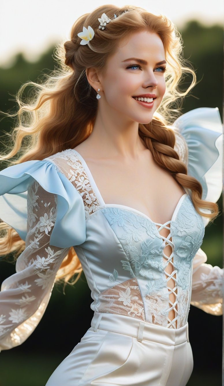 Close-up, young girl with light blue eyes, long thick eyelashes, she looks like 18-year-old Nicole Kidman, with messy hair, full body shot, wearing satin pants, standing, wearing beautiful white Dressed in mesh and lace, she danced to the music and looked very happy. There are also braids of lilies all over the sky, which are extremely beautiful. High quality. Modifiers: Alphonse Mucha, boris valejo dedecent illustration, Anne Boonchuy, art_booster, BlackworkStyleManityro, WOWAI, Expressiveh, Apoloniasxmasbox