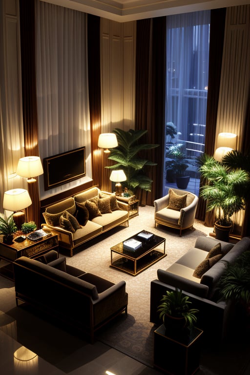 A luxurious indoor design scene featuring a grand room with elegant furniture. Include a plush bed with bedside tables, a comfortable sofa adorned with decorative pillows, a stylish lamp, lush potted plants, a large flat-screen TV, and a sophisticated tea table. The lighting should create a warm, inviting atmosphere, highlighting the rich textures and fine details of the furnishings. Composition should be balanced, capturing a serene yet opulent ambiance. High-quality, official art style, showcasing meticulous attention to detail and perfect execution.