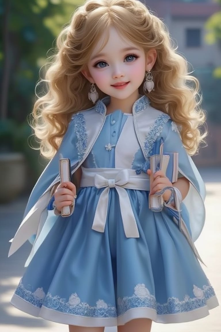 Close-up of a beautiful Korean supermodel with long golden silky curly hair, big blue eyes, and long eyelashes. She wears an aristocratic school uniform: a blouse, a Jsk, a short jacket, a small cape, and a big cope, with blue as the theme color and white edges with embroidered blue patterns. The skirt reaches the thigh, paired with big white garters and blue short boots, creating a beautiful and bookish look. She holds a few books for class, smiling directly into the camera, extremely happy, preparing to sign up for classes. The school's luxurious facilities are only accessible to children of nobles. The girl is a talented woman with a high IQ, in danger as a boy follows her, but she is not afraid, having a sixth-degree black belt in Taekwondo and studying martial arts. Official art, masterpiece, light and shadow.