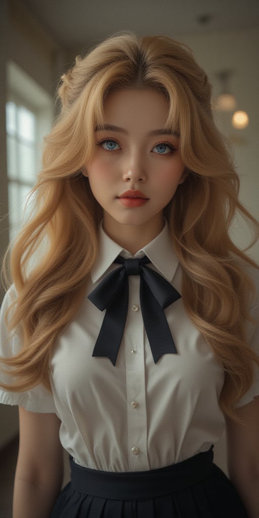 (Masterpiece, Top Quality, Best Quality, Official Art, Beauty and Aesthetics: 1.2), HDR, High Contrast, Wide Angle Lens (Majestic: 1.5), Surreal, Highly Detailed, UHD: 1.3, RAW Photos,, Japanese, Korean Female Supermodel idol, beautiful like the facial features of a beautiful European woman, smart and beautiful big blue eyes with long thick eyelashes, beautiful and silky very curly golden long wavy hair, body proportions: head to body ratio 1:9 1girl, grin, head Wearing a bow tie, fair skin, school uniform, pleated skirt, she smiles happily and makes some dancing moves. South Korea, OPP ART. Light and shadow.

