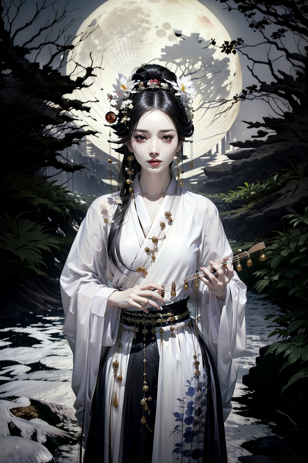 Under the ancient tree of the Han Dynasty, stood a beautiful woman with long black hair wearing Han costumes and a lily bun. Holding a pipa, a musical instrument from the Han Dynasty, she looked up at the crescent moon in the night sky with a smile, creating a mysterious atmosphere. The scene features contrasting lighting that highlights her stunning features and the peaceful expression on her face as she contemplates joy. The composition allows her to pose in cute and funny poses of joy, anger, sadness, and joy. The moon, ancient trees, ancient houses, ancient wells, ancient gardens, and ancient swings become the dramatic background. light and shadow. Ink design.,playing instrument, playing guzheng, hanfu,myhanfu