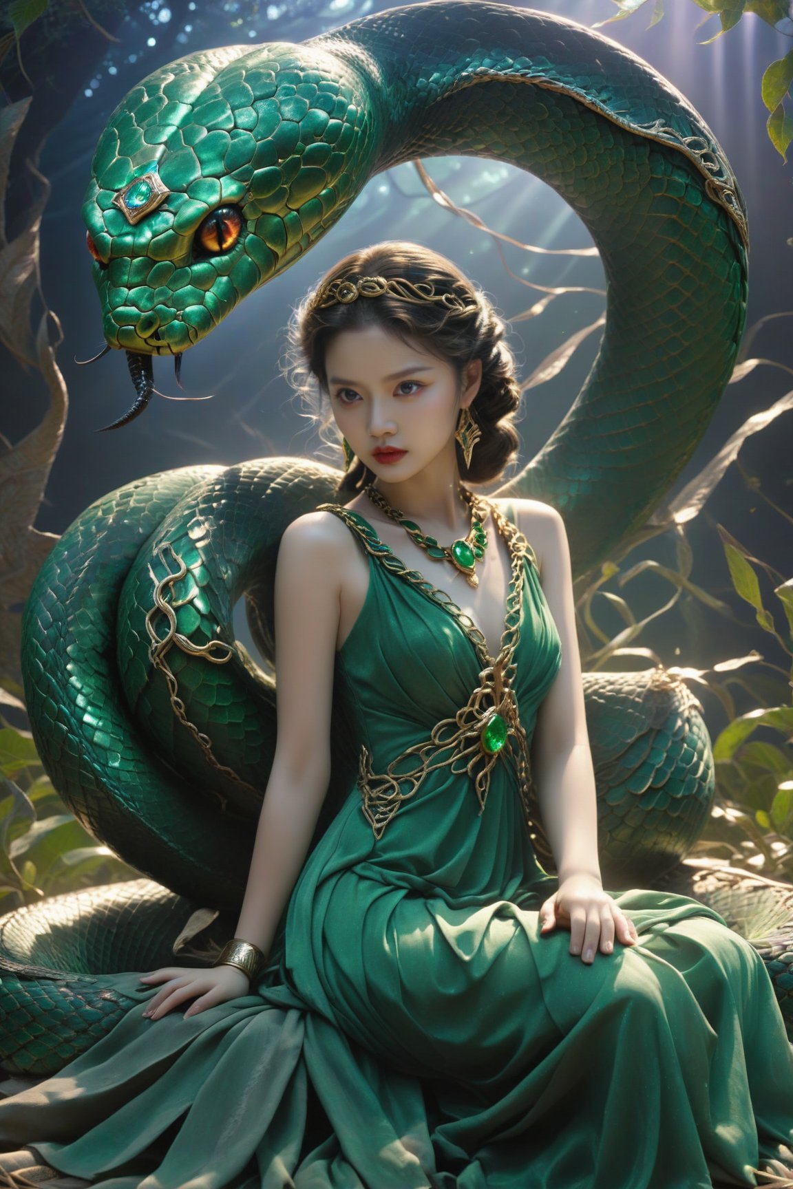 (((Greek Mythology))) A girl in ancient Han Dynasty clothing. She is the Greek goddess Medusa. She was punished and had a head full of small white snakes. Everyone who looked at her was turned to stone. There was a farmer working in the fields, plowing the fields. for the hissing sounds of the many snakes above Medusa's head were heard. Turn around and look. Suddenly, the farmer turned into a stone statue. Greek mythology.
Light and shadow. The background is a starry sky. The stars came out secretly, and the sky was dark. The little snakes on Medusa's head emit silver light, making the night brighter. Ultra-high cinematic effect, ultra-detailed quality. Because of the existence of Medusa, the whole scene is very scary. masterpiece.,DonMD34thM4g1c4tt1r3XL