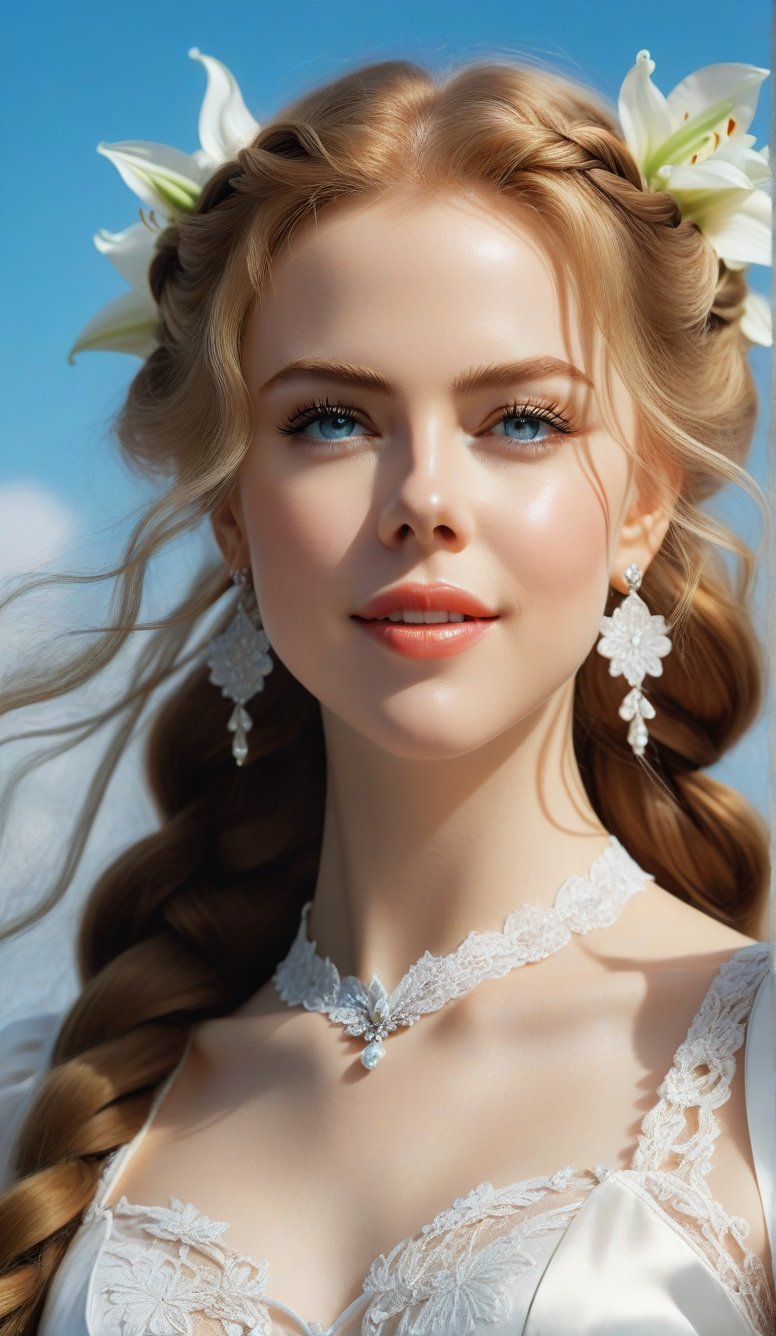 Close-up, young girl with light blue eyes, long thick eyelashes, she looks like 18-year-old Nicole Kidman, with messy hair, full body shot, wearing satin pants, standing, wearing beautiful white Dressed in mesh and lace, she danced to the music and looked very happy. There are also braids of lilies all over the sky, which are extremely beautiful. High quality. Modifiers: Alphonse Mucha, boris valejo dedecent illustration, Anne Boonchuy, art_booster, BlackworkStyleManityro, WOWAI, Expressiveh, Apoloniasxmasbox