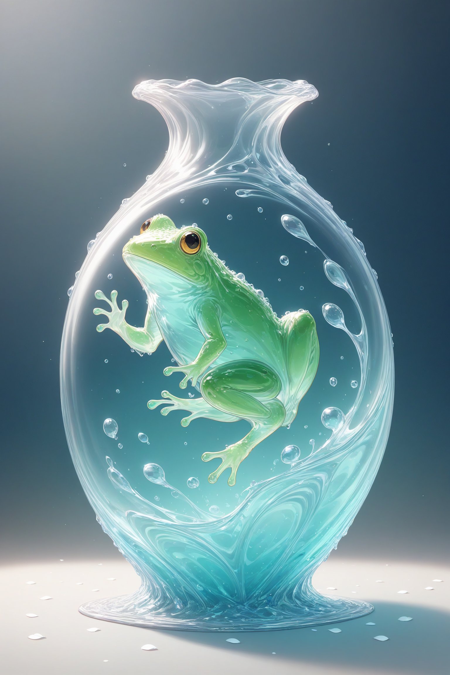 {Elegant crystal clear crystal glass frog with graceful curves, filled with marbled light green and white liquid (clear), forming a Cinderella shape. Frog and texture. Smooth object contours and undulating dynamic motion. Pastel petals float around the vase. }