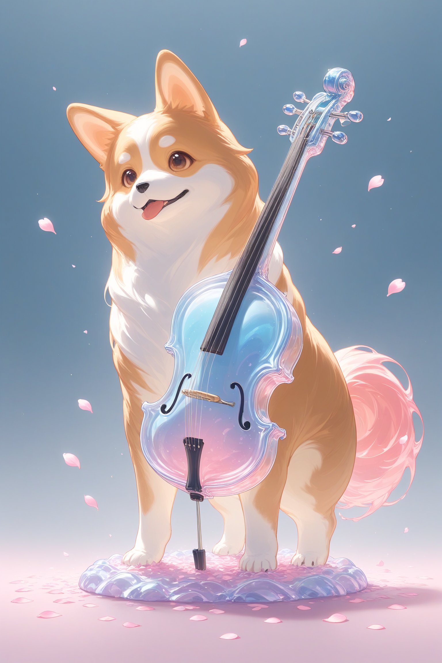 {Elegant crystal glass cello with beautiful curves filled with marbled pink and white liquid forming the shape of a corgi dog. Dogs have hair and texture. Smooth animal silhouettes with wavy dynamic movement. Pastel petals float around the vase. }