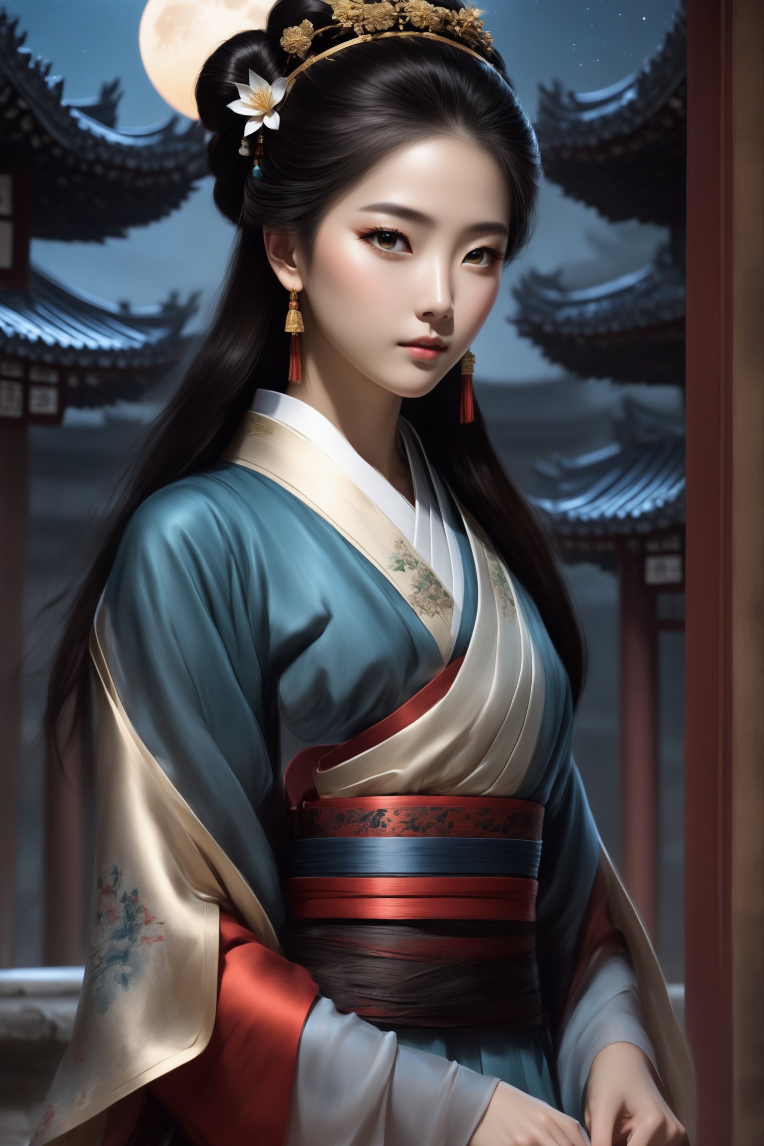 A woman with three-dimensional facial features that are more beautiful than modern Korean female supermodels. She has beautiful big black eyes and bright, long and dense eyelashes. She wears a Han Dynasty lily bun, exquisite and gorgeous hair accessories, and her whole body is very charming, but Because as a killer, her eyes have a very strong killing intent. In order to hide her identity, she sometimes wears various Hanfus worn by ancieA woman with three-dimensional facial features that are more beautiful than modern Korean female supermodels. She has beautiful big black eyes and bright, long and dense eyelashes. She wears a Han Dynasty lily bun, exquisite and gorgeous hair accessories, earrings, rings, and bracelets. , hairpin, and very attractive all over, but because she is a killer, her eyes have a very strong killing intent. Sometimes in order to hide her identity, she will wear various Hanfus worn by ancient Chinese women, and follow the wind. The shiny and delicate long black hair and clothes are fluttering in the wind. She is an ultimate masterpiece. Her body proportions are also very good, which was very rare in ancient times. The ratio of head to body is 1:8. Every time she looks at the audience, the audience will be deeply attracted by her. She is deeply attracted and beautiful, but you will also be shocked by her eyes. Her whole body is extremely detailed. She is both a beauty and a talented person. There will always be an exquisite and rare long sword on the belt around her waist (it is refined in ancient times and can break the sword and iron). She is very beautiful when she wears the beautiful ancient gorgeous and exquisite Hanfu.
Background: The vast starry sky, a bright moon, exquisite ancient buildings, ancient trees, and ancient gardens. There are many fireflies in the garden, which makes the garden more beautiful. light and shadow. Exquisitely detailed oil painting designs complement modern film effects and lighting