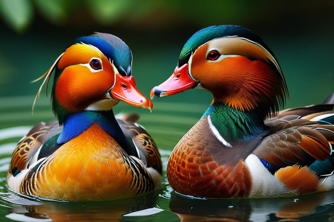 Close-up, cute mandarin ducks, beautiful feathers, bright and shining eyes, mandarin ducks are in pairs, so a male and a female pair play together, in the pool, they will head to each other Close together. Sometimes it flaps its wings and splashes water. The male's feathers are brighter than the female's, and their love has been compared to a loving couple since ancient China. Modifiers: Alphonse Mucha, boris valejo dedecent illustration, Anne Boonchuy, art_booster, BlackworkStyleManityro, WOWAI, Expressiveh, Apoloniasxmasboxx,esao andrews art,esao andrews style, in the style of esao andrews