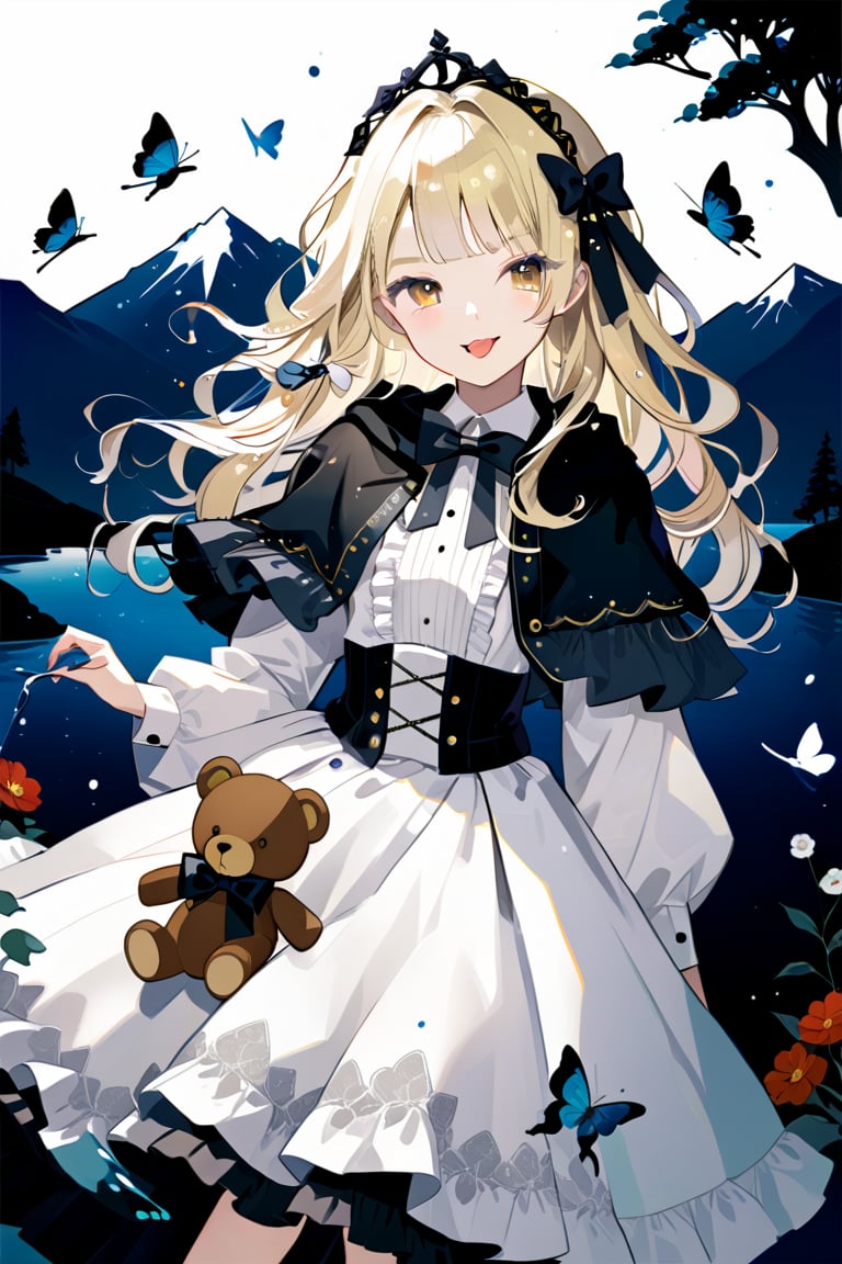 1girl, solo, long curly blond hair with silver highlights, looking at the audience, blushing face, air bangs, , hair accessory, big golden eyes, long eyelashes, long sleeves, dress, bow, holding, tongue out smile, bow hair, ruffle, bow tie, luxury lace princess dress, fur trim, black bow, capelet, watermark, stuffed toy, lace dress, stuffed animal, crown, box, gift, lolita fashion, teddy bear, orange bow, Mini crown, holding stuffed toy, toned, background: mountains, trees, water, flowers, butterflies, dragonflies, birds. light and shadow. Anime style.