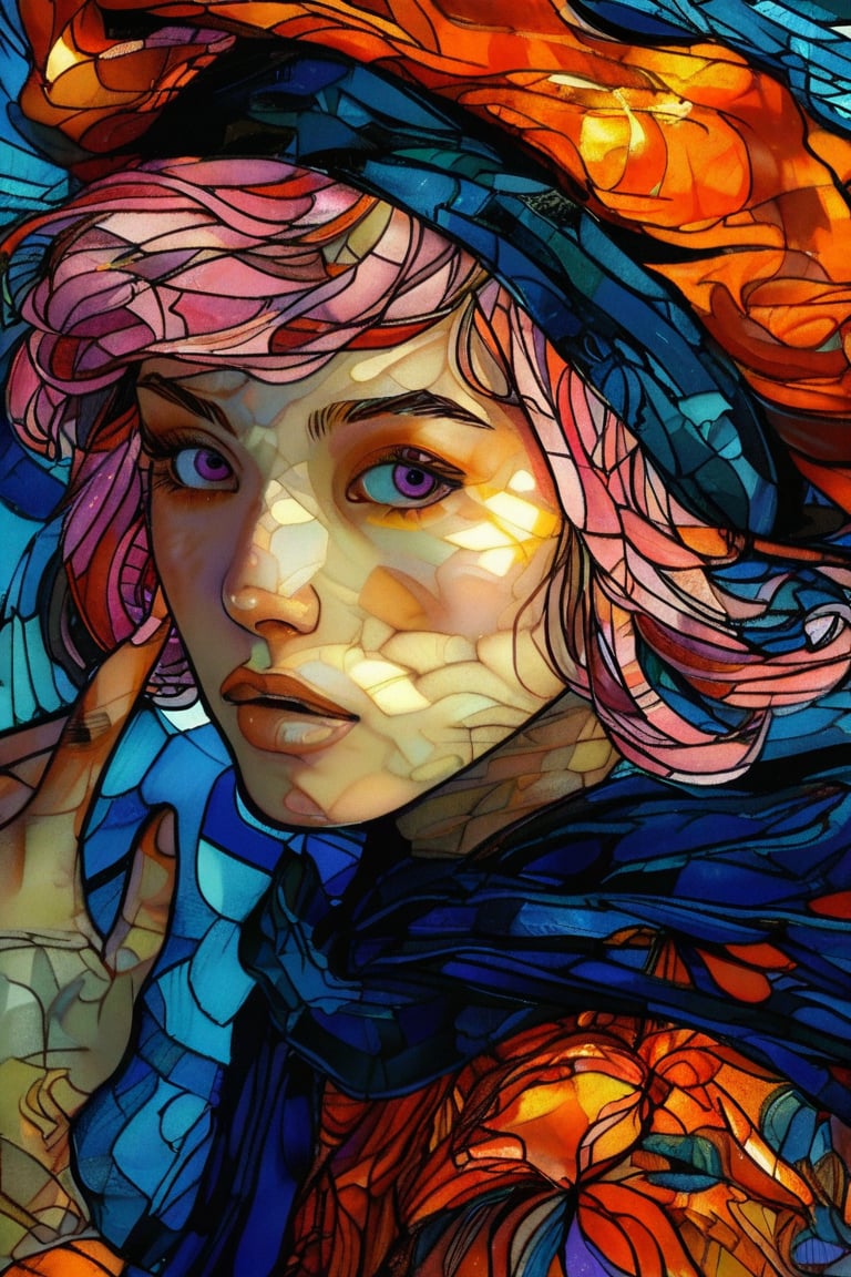 Close-up portrait of a beautiful 19-year-old Korean female supermodel woman with beautiful purple eyes, short pink hair and a pirate turban in the style of Vincent van Gogh in bright colors of deep orange, dark blue and Bold orange with swirling, textured brushstrokes. Artists: Vincent van Gogh, Henri de Toulouse-Lautrec, Paul Gauguin. Painted rose glass art.