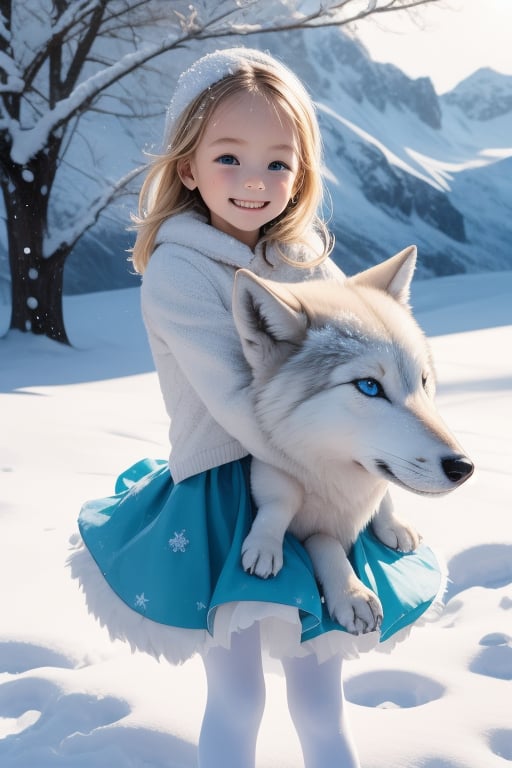 A little girl with blond hair and very fair skin. She is only 4 years old, but she grew up with a snow wolf with white fur and blue eyes. Snow Wolf loves this little girl very much. He can coax her to sleep. The little girl likes to use ballet dance movements to make Snow Wolf happy, because every time Snow Wolf sees her dancing ballet, it means that he is in a happy mood, and Snow Wolf will also be happy after seeing her. He will also carry her to the grassland. The little girl always smiles happily. The little girl is extremely beautiful, with bright blue eyes that are very lively and long and dense. In order to make herself more beautiful, she often rolls on the grass with Snow Wolf. Little girls wear all kinds of cute clothes. Outdoor, sunshine, mountains, trees, flowers, birds, butterflies. light and shadow
