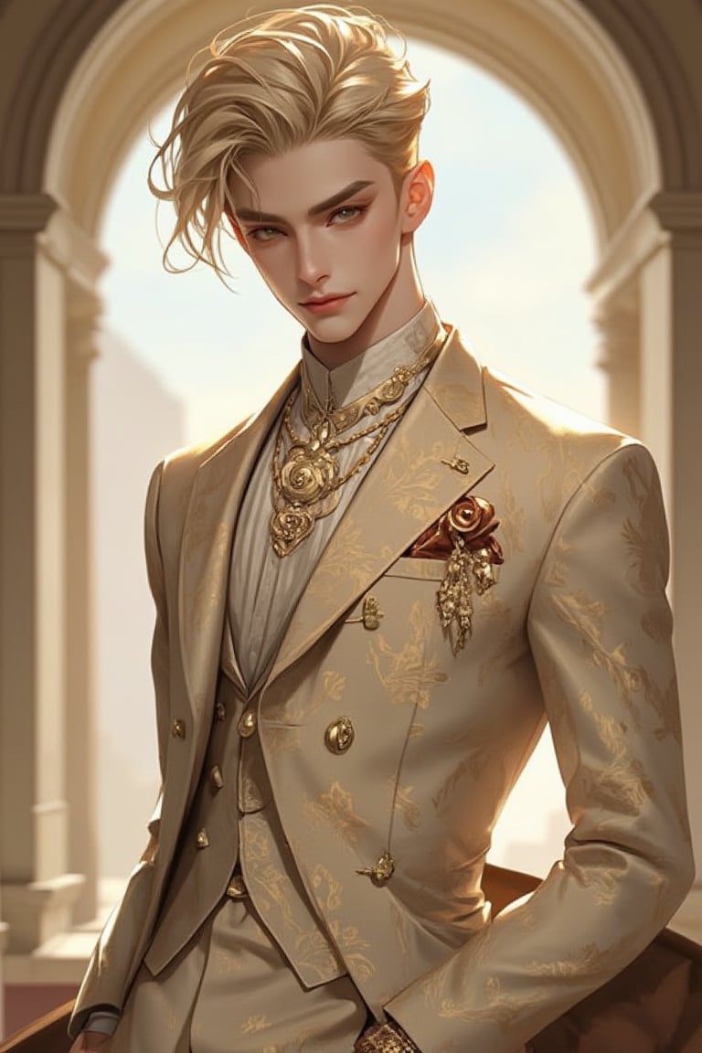 Solo singer, anime, wretched male, French gentleman, emo aristocratic style, blond short hair, eye shadow, emo Rococo makeup, chic beige suit with royal pattern gold pattern, luxury gold lapel pin, chain flower handkerchief, chest pocket, brand-name watch, ring, slender legs and tall figure, handsome guy, smiling, looking straight into the camera, full body, lyh, dal, Rococo style.