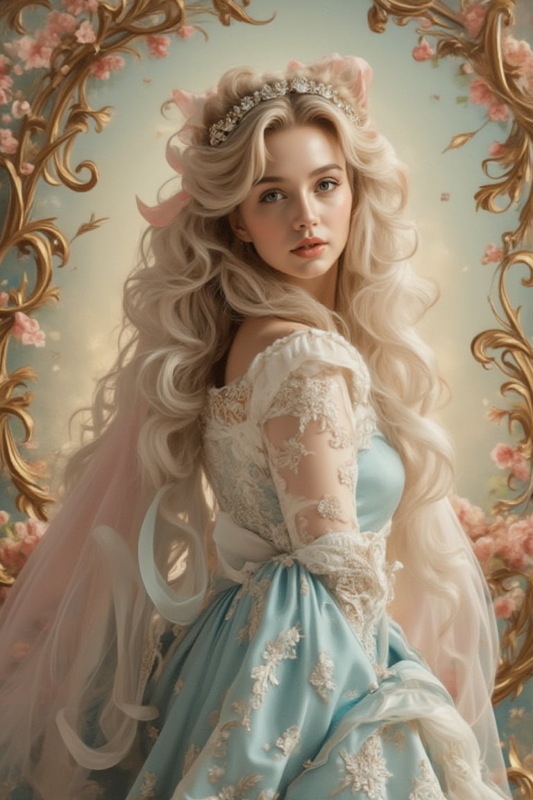 A most beautiful lady in a rococo art style, with delicate features, soft pastel colors, and intricate floral patterns. She wears an elegant, flowing gown with lace and ribbons, adorned with pearls and jewels. Her hair is styled in loose curls, with a delicate tiara or ribbon. The background features ornate, swirling patterns and soft, diffused light, creating a dreamy, romantic atmosphere.