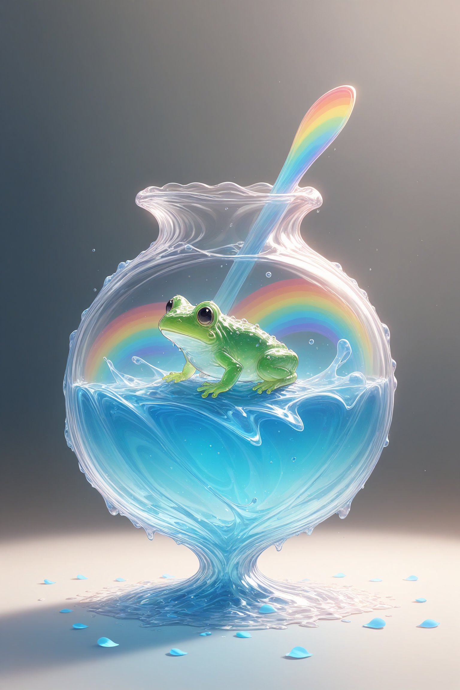 {Elegant crystal clear crystal glass frog with graceful curves, filled with marbled rainbow and white liquid (clear) forming a Cinderella shape. Frog and texture. Smooth object contours and undulating dynamic motion. Pastel petals float around the vase. }