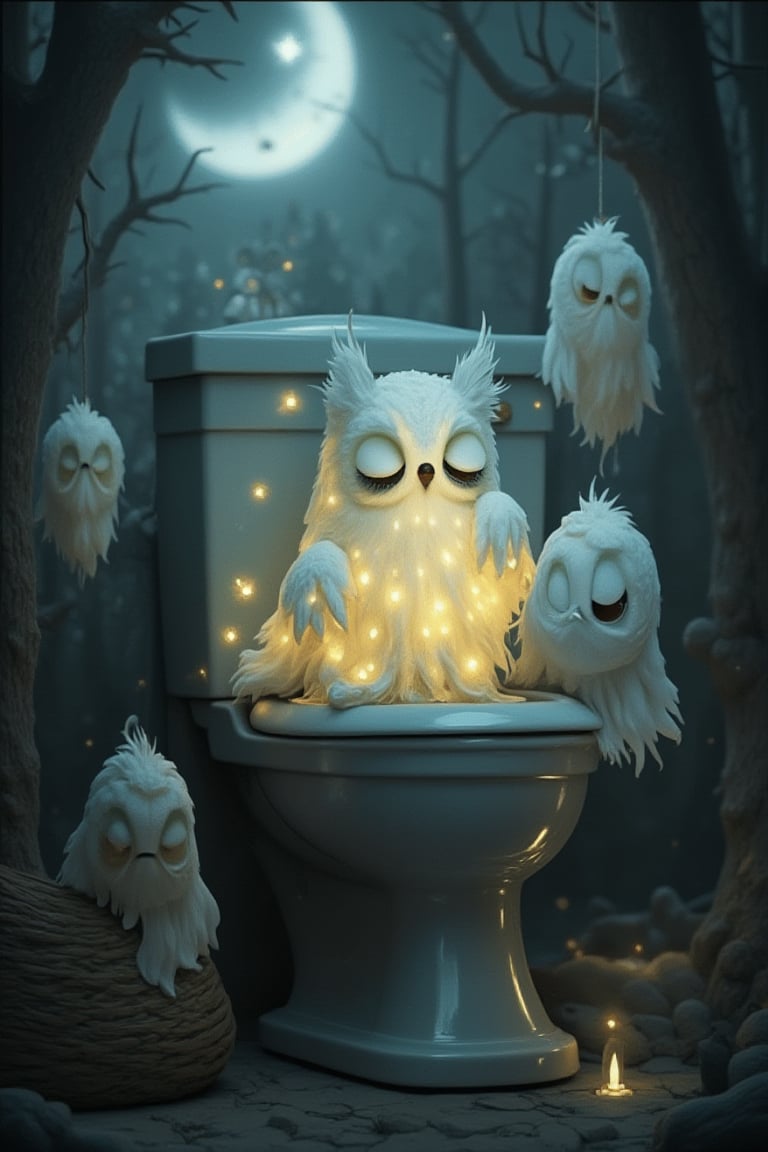 Digital image of an adorable ghost glowing inside a toilet, with an owl perched nearby. The scene is set for Halloween, featuring high quality, masterpiece, 8K, and super cute elements. Flying ghosts add to the whimsical atmosphere, creating a charming and spooky scene.