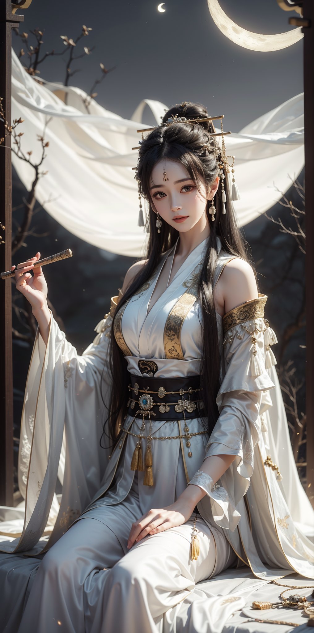 A beautiful woman with long black hair wearing traditional Han attire stands under an ancient tree from the Han Dynasty. She holds a Han Dynasty musical instrument, the pipa, and looks up at the crescent moon in the midnight sky with a smile, creating a mysterious atmosphere. The scene features contrasting lighting that accentuates her stunning features and the peaceful expression on her face as she contemplates joy. The composition places her in a meditative pose, with the moon and ancient trees serving as a dramatic backdrop.