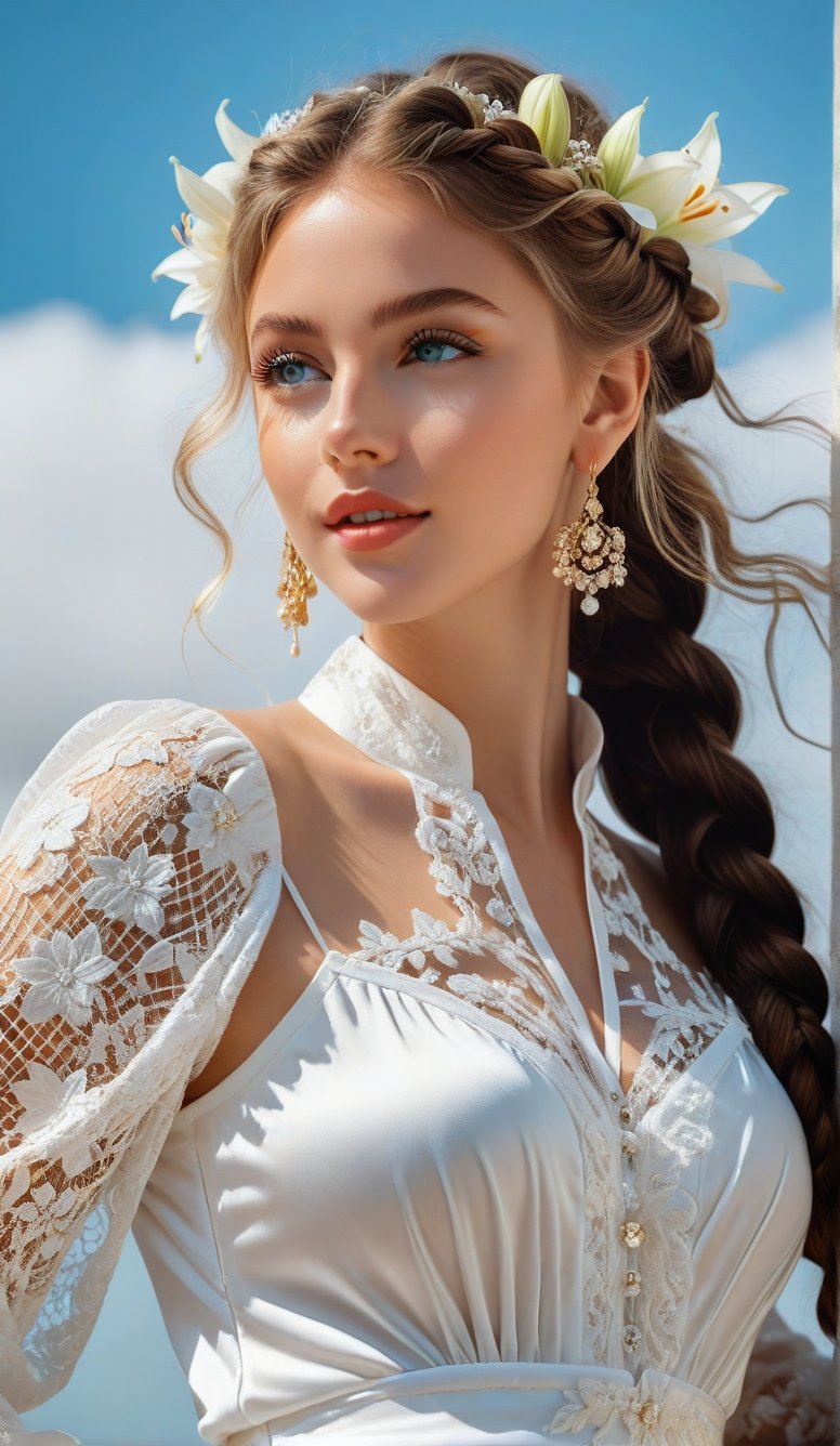 Close-up, young girl with light blue eyes, long thick eyelashes, she looks like 18-year-old Phoebe Keys with messy hair, full body shot, wearing satin pants, standing, wearing beautiful white Dressed in mesh and lace, she danced to the music and looked very happy. There are also braids of lilies all over the sky, which are extremely beautiful. High quality. Modifiers: Alphonse Mucha, boris valejo dedecent illustration, Anne Boonchuy, art_booster, BlackworkStyleManityro, WOWAI, Expressiveh, Apoloniasxmasbox