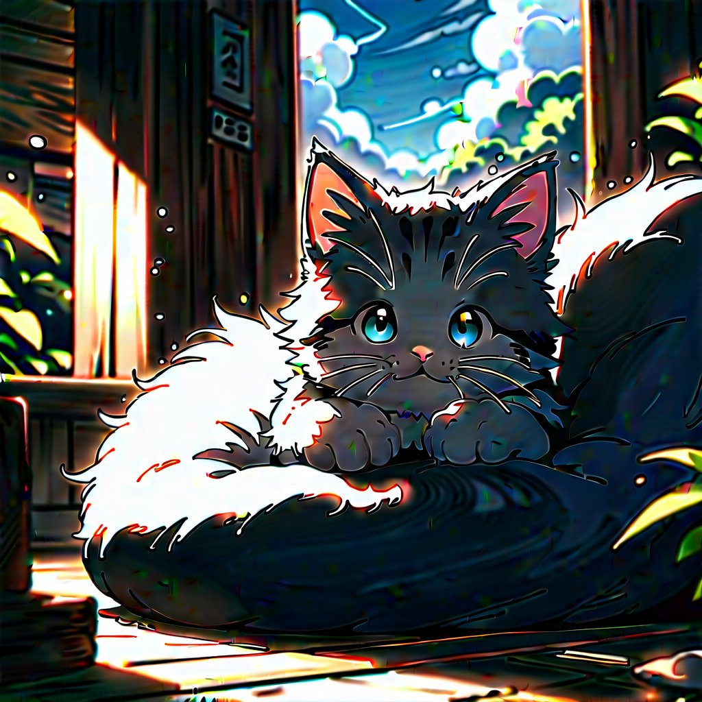 An anime-style illustration set under a sunny sky with blue clouds, capturing a warm, summery atmosphere. A cute Scottish Fold black and white kitten lies on its back, belly exposed, in front of a household fan, enjoying the breeze that ruffles its fur. The kitten's eyes are half-closed in blissful relaxation. The scene is filled with charming indoor decorations, illuminated by soft, pleasant lighting. The dynamic movement of the fan and the kitten's fur creates a lively, refreshing effect, making this a delightful and masterful composition.