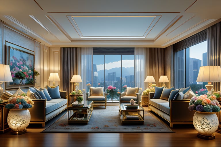 Luxurious interior design scene, the living room and the room have a transparent crystal wall as a partition, and the spacious room is equipped with elegant, high-style furniture. It includes a luxurious bed with bedside table (the bedding is made of high-grade silk), sofa, tea table, chairs, luxurious bookshelf, and out-of-print books worth tens of thousands of dollars. Paintings by ancient Chinese masters, stylish lamps, lush potted plants, large-screen plasma TVs and expensive, sophisticated coffee tables. The color system is mainly blue. The flowers grown in decorative pots change every day: they are all bright and lively, making the room appear more vibrant. Luxurious, soft lighting should create a warm, inviting atmosphere and highlight the rich textures and fine details of the furniture. Between the living room and the room, there is a staircase in the corner of the living room that leads up to the high-ceilinged upper room. Those are studios, with computers and all the equipment needed for office work. There is a bathroom downstairs and one upstairs. They are all designed to be luxurious and technological. It also has an elegant taste. . The composition should be balanced and capture a tranquil yet gorgeous atmosphere. High-quality official art style demonstrates meticulous attention to detail and flawless execution. Light and shadow allow each object to be expressed in the highest quality detail. Light and shadow. Movie high quality photography effects. Solo, unparalleled masterpiece.
