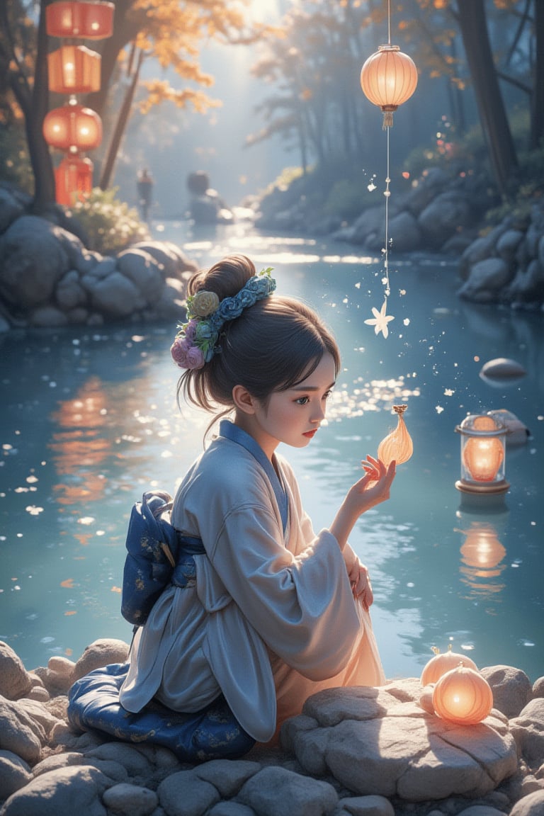 A medium shot captures a young girl in a traditional kimono kneeling on the bank of a peaceful river. Her large, lively green eyes and silky purple-black hair catch the soft sunlight, illuminating her pensive face as she gently releases Toro water into the flowing river. The composition centers around her, with the river and vibrant lanterns radiating outward. Watercolor strokes in soft blue and light black tones create a peaceful atmosphere, while warm lights and floating lanterns add a soft glow to the tranquil scene.