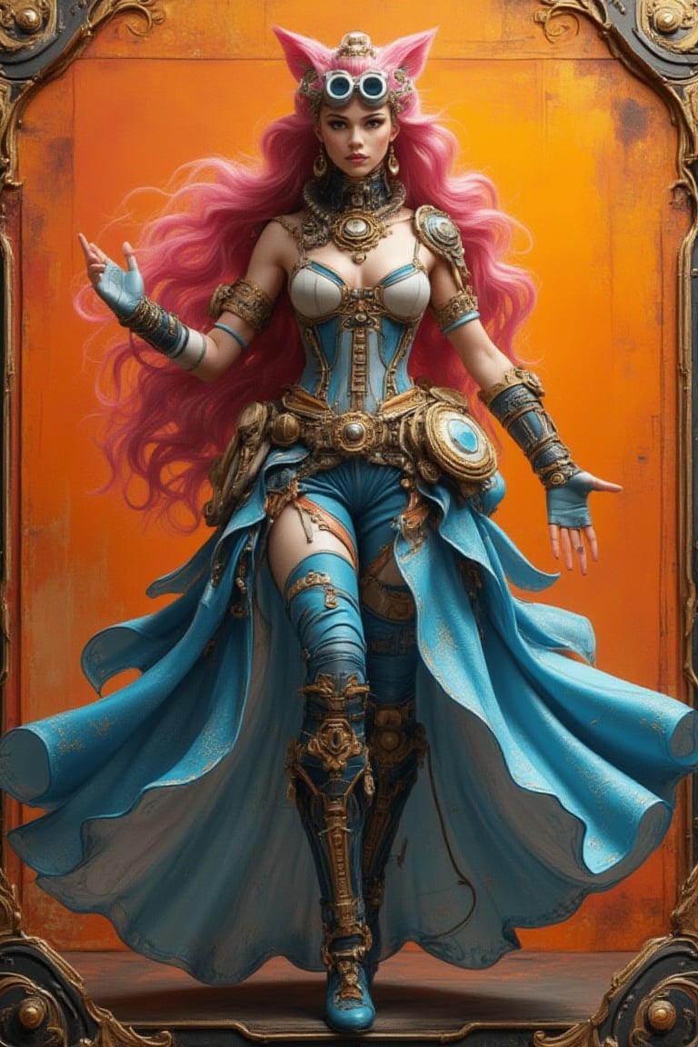 An acrylic model of a very beautiful woman with long wavy pink hair, dressed as a romantic queen of love, blending the elegance of an empress with steampunk and cybernetic elements. She wears a striking blue dress with a white corset, a bright blue skirt, and steampunk accessories like gears, goggles, and metallic details. Cybernetic enhancements give her a futuristic edge. The background features an orange gradient with black and light yellow complementary textures, creating a vibrant and dynamic atmosphere, highlighting her domineering power.