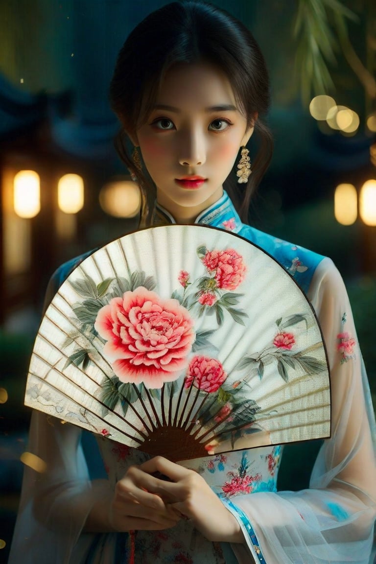 Professional photography: Alessio Albi, a Chinese girl who is more beautiful than a Korean female supermodel. The fan only covers her nose, revealing her beautiful big blue eyes, which are smart and lively, and her eyelashes are naturally long and dense. Peony pattern traditional cheongsam, exquisite Chinese round fan, silk fan surface, long bamboo fan handle body, very detailed details on the girl's face, holding round fan, long bamboo fan handle, Chinese calligraphy text written on the surface of the fan, among the stars In the night environment, nearby lights hint at the arrival of the festival. Highly detailed cinematic lighting, 8K resolution.
A superhuman masterpiece.
