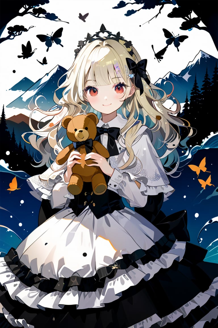 1girl, solo, long curly blond hair with silver highlights, looking at the viewer, blushing face, air bangs, hair accessory, big red eyes, long eyelashes, long sleeves, dress, bow, holding, smile, bow hair, ruffles , bow tie, luxury lace princess dress, fur trim, black bow, capelet, watermark, stuffed toy, lace dress, stuffed animal, crown, box, gift, lolita fashion, teddy bear, orange bow, mini crown , holding a stuffed toy, toned, background: mountains, trees, water, flowers, butterflies, dragonflies, birds. light and shadow. Anime style.