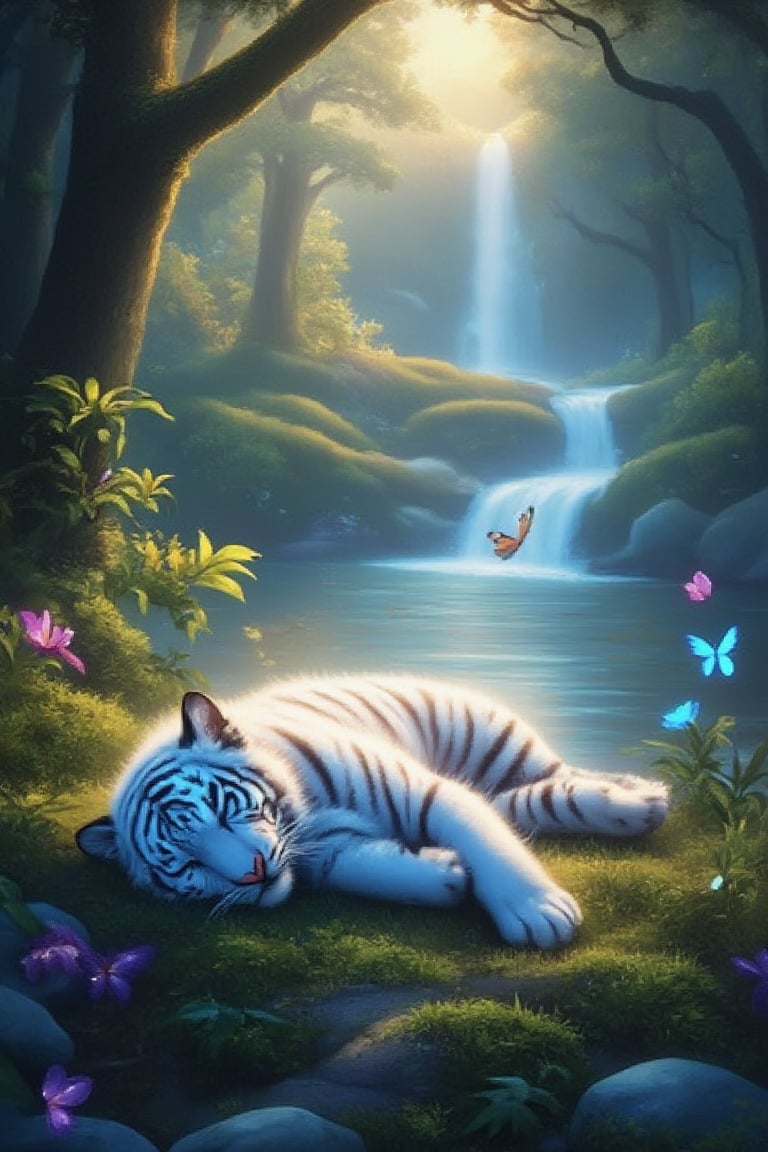 Ultra HD illustration of a fluffy white tiger cub sleeping in a magical forest, surrounded by beautiful trees and shrubs, by a riverside, with glowing butterflies. Masterpiece, best image, best quality, ultra wide-angle shot, 16K UHD.