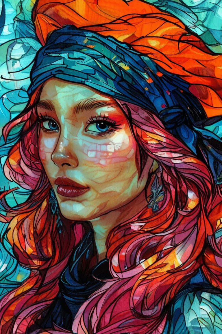 Close-up portrait of a beautiful 19-year-old Korean supermodel woman with beautiful blue eyes and long wavy pink hair wearing a pirate turban in the style of Vincent Van Gogh, bright colors and dark orange , deep aqua and bold buff with swirling, textured brushstrokes. Artists: Vincent van Gogh, Henri de Toulouse-Lautrec, Paul Gauguin.