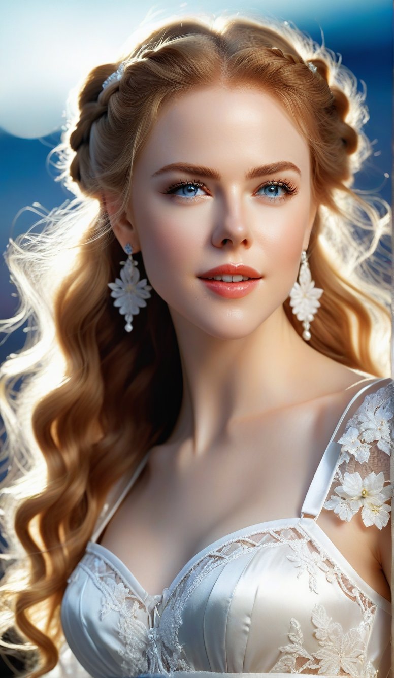 Close-up, young girl with light blue eyes, long thick eyelashes, she looks like 18-year-old Nicole Kidman, with messy hair, full body shot, wearing satin pants, standing, wearing beautiful white Dressed in mesh and lace, she danced to the music and looked very happy. There are also braids of lilies all over the sky, which are extremely beautiful. High quality. Modifiers: Alphonse Mucha, boris valejo dedecent illustration, Anne Boonchuy, art_booster, BlackworkStyleManityro, WOWAI, Expressiveh, Apoloniasxmasbox