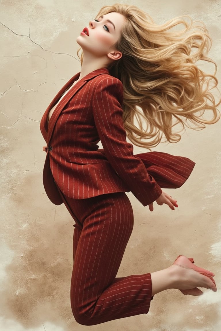 Realistic closeup shot of a stunning elegant 28-year-old European woman wearing dark red pinstripe tailoring, with long bright golden blonde hair and bright blue-gray eyes. She performs the professional pose of a sexy female model with her head raised, double exposure, inspired by the complex art of Alex Stoddard, Natalia Drepina, and Brooke Shaden. Surrealism on a cracked paper, extremely dynamic, unusual, retro. 128K illustration, highly detailed, high budget, bokeh, wide cinema, moody, epic, gorgeous, film grain, grainy, high-quality photography, 3-point cinematic glory lighting, soft focus flash, Canon EOS R3, hdr, smooth, sharp, high-resolution, award-winning action photos, jump photos, 50mm, wide-angle shot, away from camera, full body, f2.8, bokeh, side view.