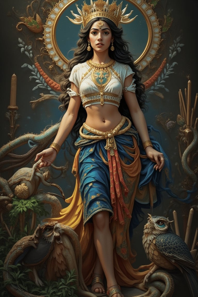 Masterpiece, top quality, best quality, official art, beauty and aesthetics: 1.2, extremely detailed, fractal art: 1.3, colorful, supreme details, dreamy atmosphere, vibrant colors. The image of the goddess Athena merged with the beautiful face of an Indian girl, a mythical creature from Greek mythology. She has a warlike and majestic temperament, patron saint and goddess of the palace, surrounded by owls, olive branches, snakes, reed pens, spinning rods, and spindles. A goddess of beauty and wisdom, one of the Twelve Olympians, the background is dimly lit with shadows highlighting her slender figure. The overall atmosphere is one of mystery and awe, capturing her powerful and blessed nature.