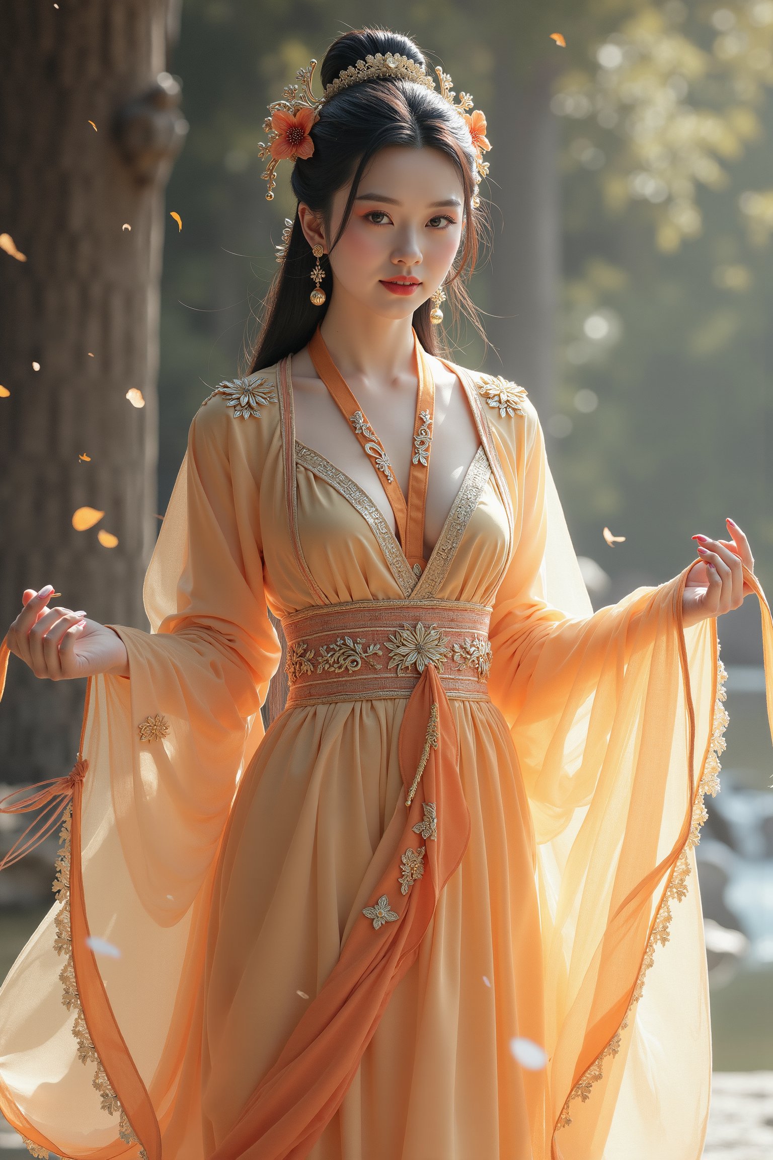 1girl, imagine an ancient Chinese goddess: the goddess Nuwa, wearing a gorgeous and beautiful Han Dynasty dress, and there is a fairy ribbon on her hand. The Hanfu all over her body floats naturally like a magic spell with fairy energy. The clothes she wore were not earthly clothes. They were made of heavenly materials and could not be found on earth. She used magic to make herself levitate in the air. She is very beautiful, even more beautiful than the angels in the West. She is an ancient Chinese goddess. Her face is very beautiful, and even the current Korean supermodels cannot compare to her. The clothes are decorated with intricate Chinese Hunan embroidery, floating gracefully in the air. She looks directly at the viewer with a beautiful smile that makes those who see her feel happy about her. Her clothes exude divine grace and power, and the rich colors and luxurious fabrics symbolize her divine status. As she travels through the void of space, the goddess embodies the timeless beauty and wisdom of the natural world, inspiring awe and reverence in all who see her. Super masterpiece.,wonder beauty