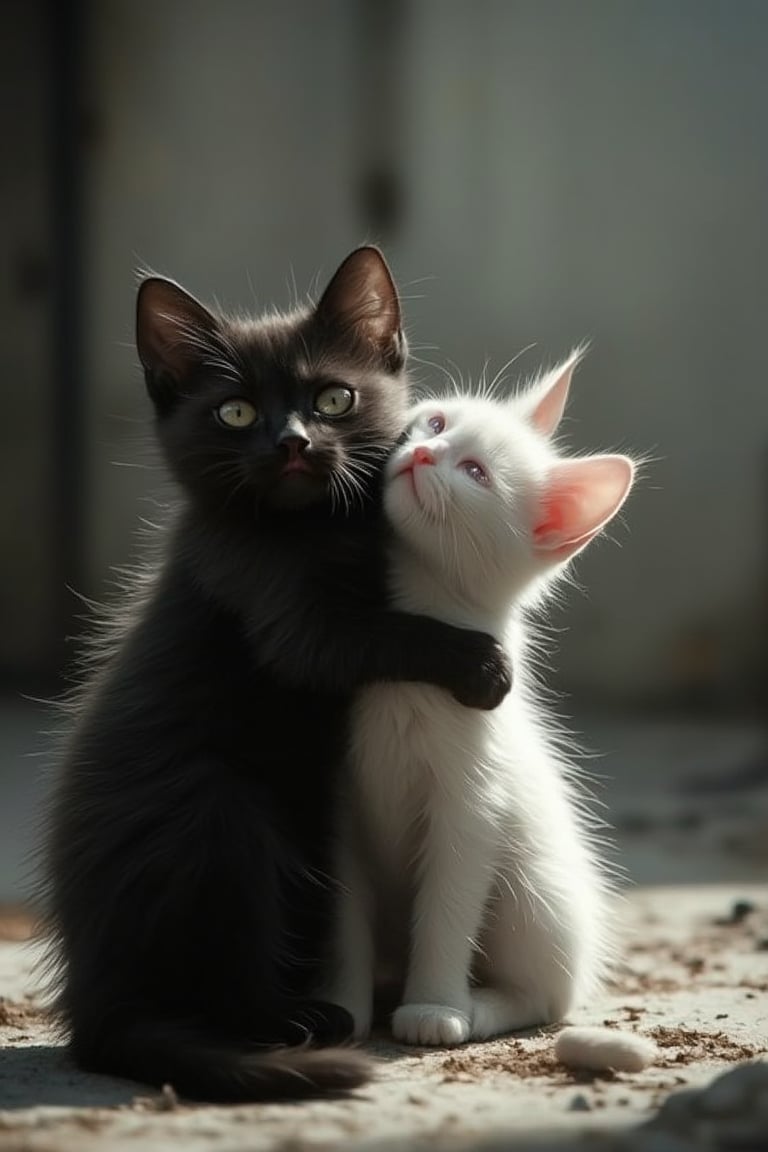 Funny animals, midway style, photorealism, cinematic style, high fidelity, realism, chiaroscuro, light play, light. A little black cat and a little white cat hug each other and play on the ground. Super love. 128K, ultra-high resolution. The photography is of the highest quality. Masterpiece.